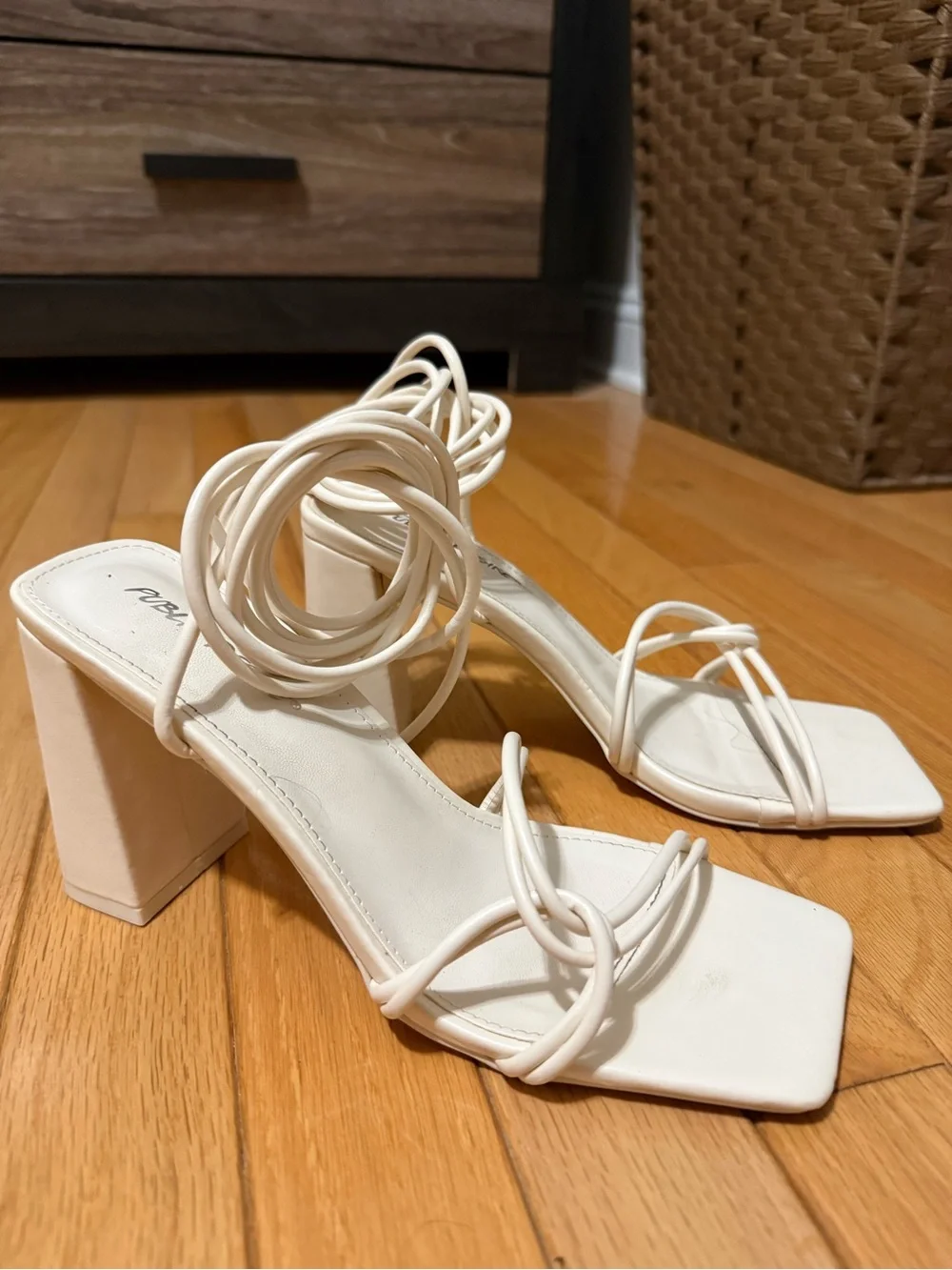 ASOS Cream Strappy Block Heel Sandals with Ankle Tie